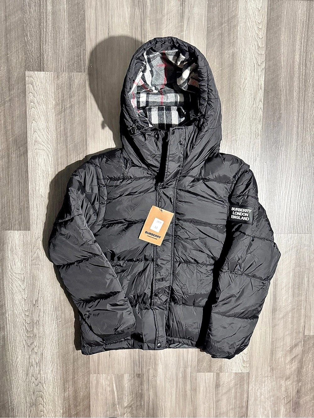 Burberry London England Reversible Check Hooded Puffer Jacket Black